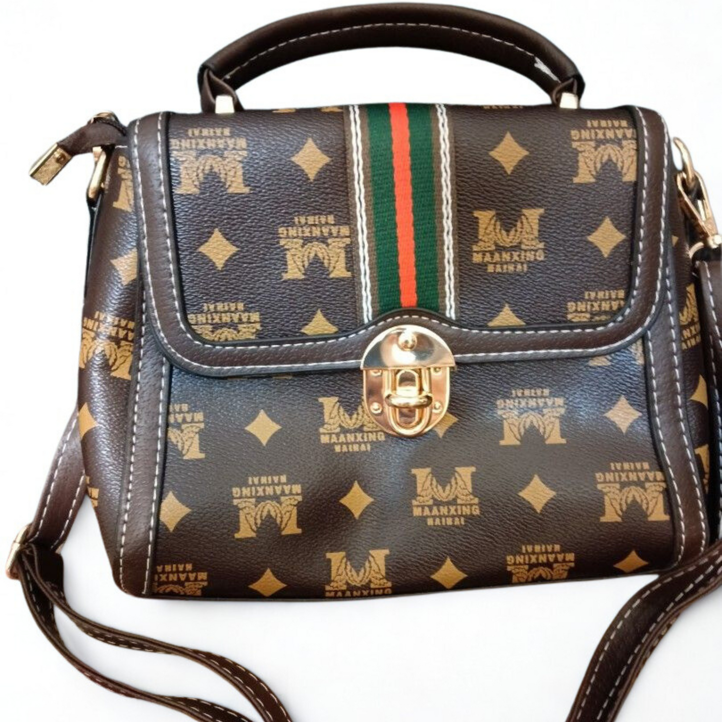 Vintage Monogram Top Handle Bag – Classic Brown with Stripe Accent