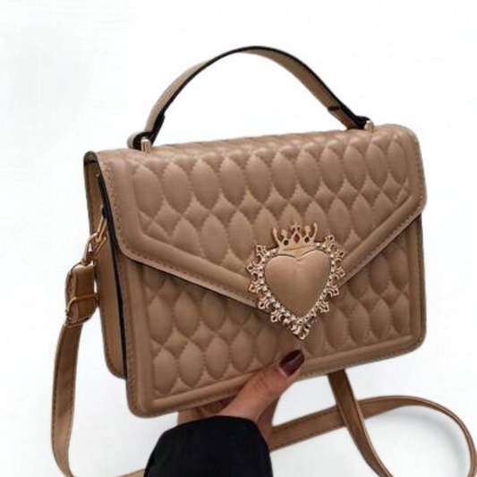 Royal Quilted Heart Bag – Crown Emblem | Elegant PU Leather Crossbody