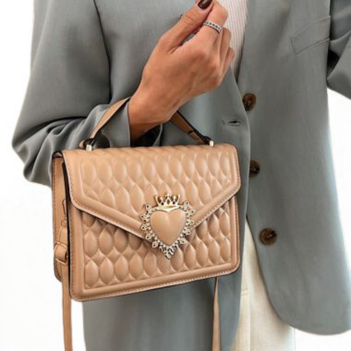 Royal Quilted Heart Bag – Crown Emblem | Elegant PU Leather Crossbody