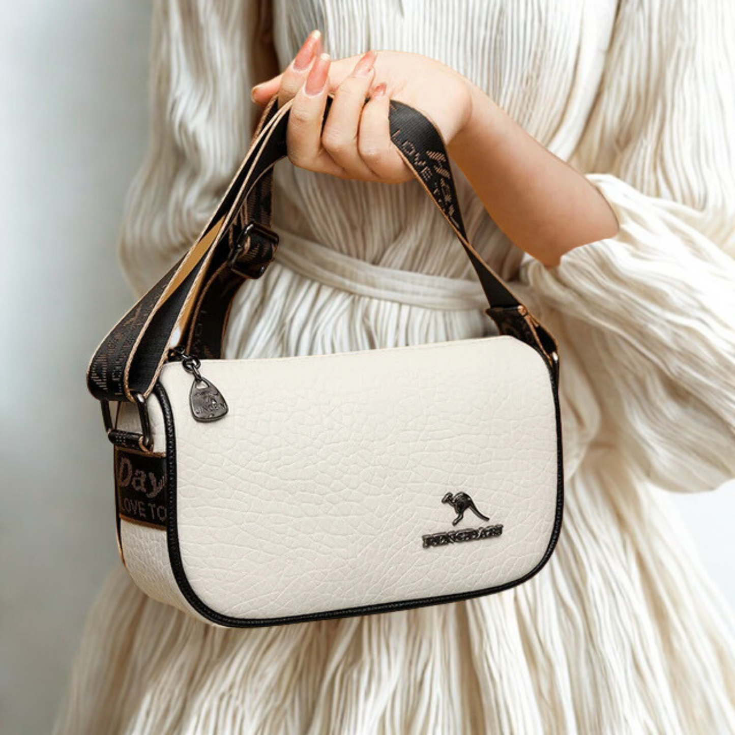 Minimalist Textured Sling Bag – Ivory White with Contrast Trim