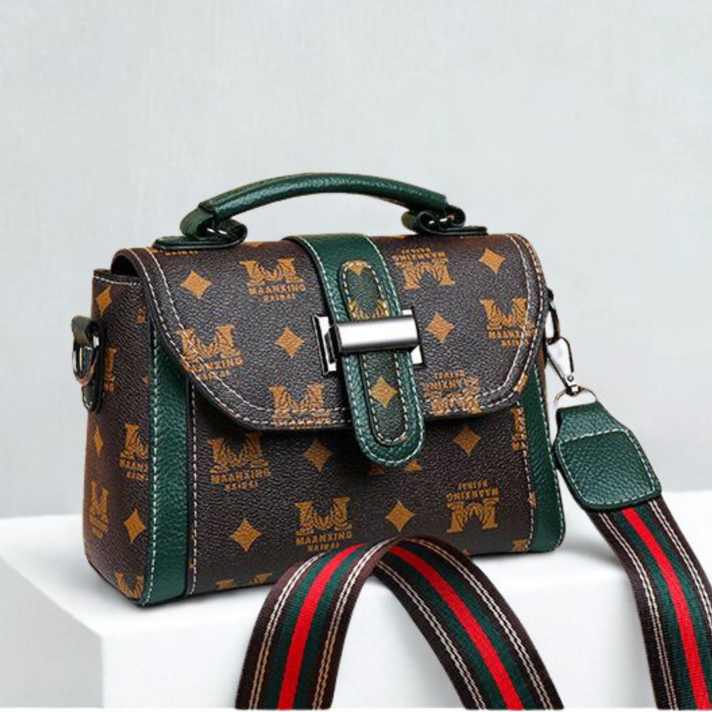 Vintage Monogram Top Handle Bag – Classic Brown with Stripe Accent
