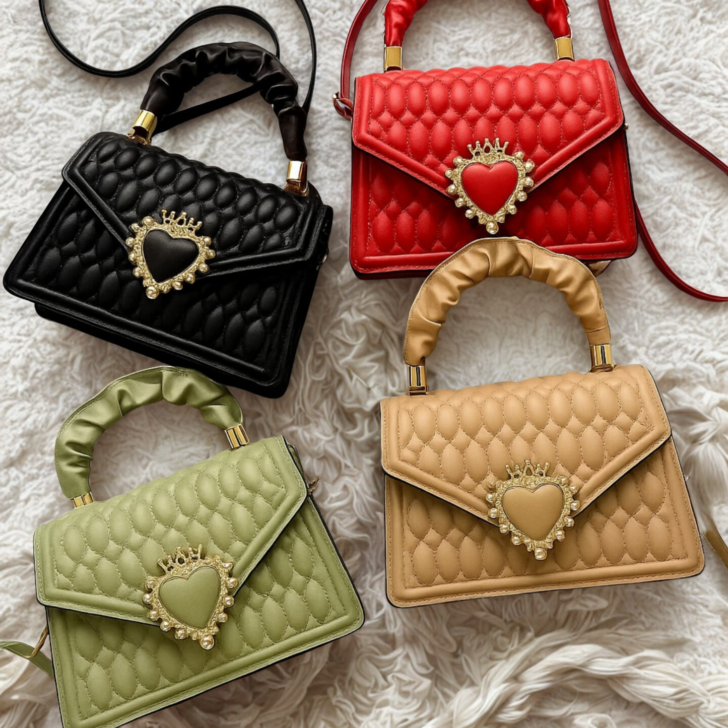 Royal Quilted Heart Bag – Crown Emblem | Elegant PU Leather Crossbody