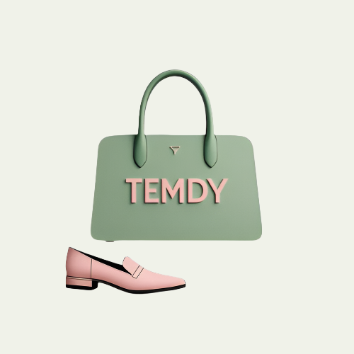 Green handbag with 'TEMDY' branding and a pink shoe on a white background